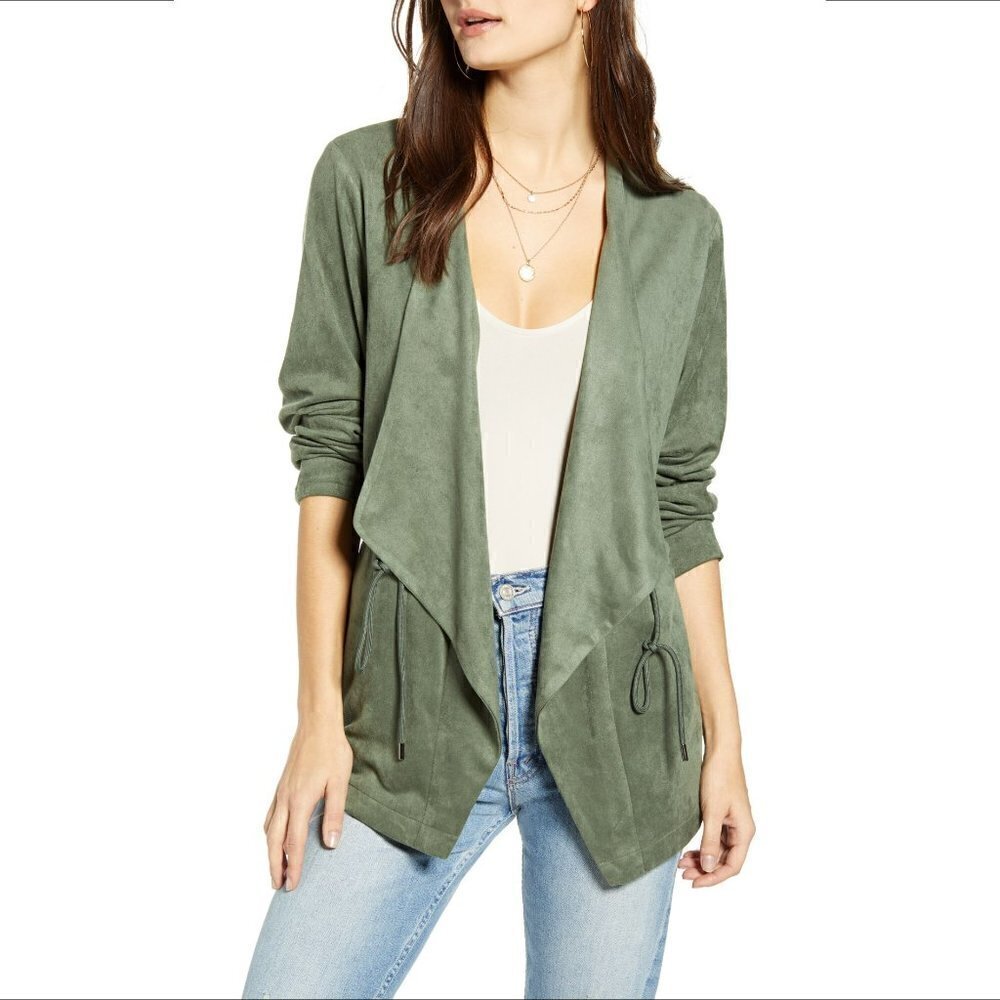 Blank NYC faux suede open front drape jacket blazer sage green new Small